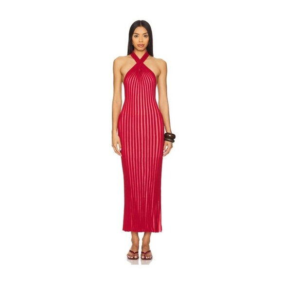 Baobab Bass Maxi Dress XS Red Acrylic Knit Halter Backless Resort Evening - Picture 2 of 10